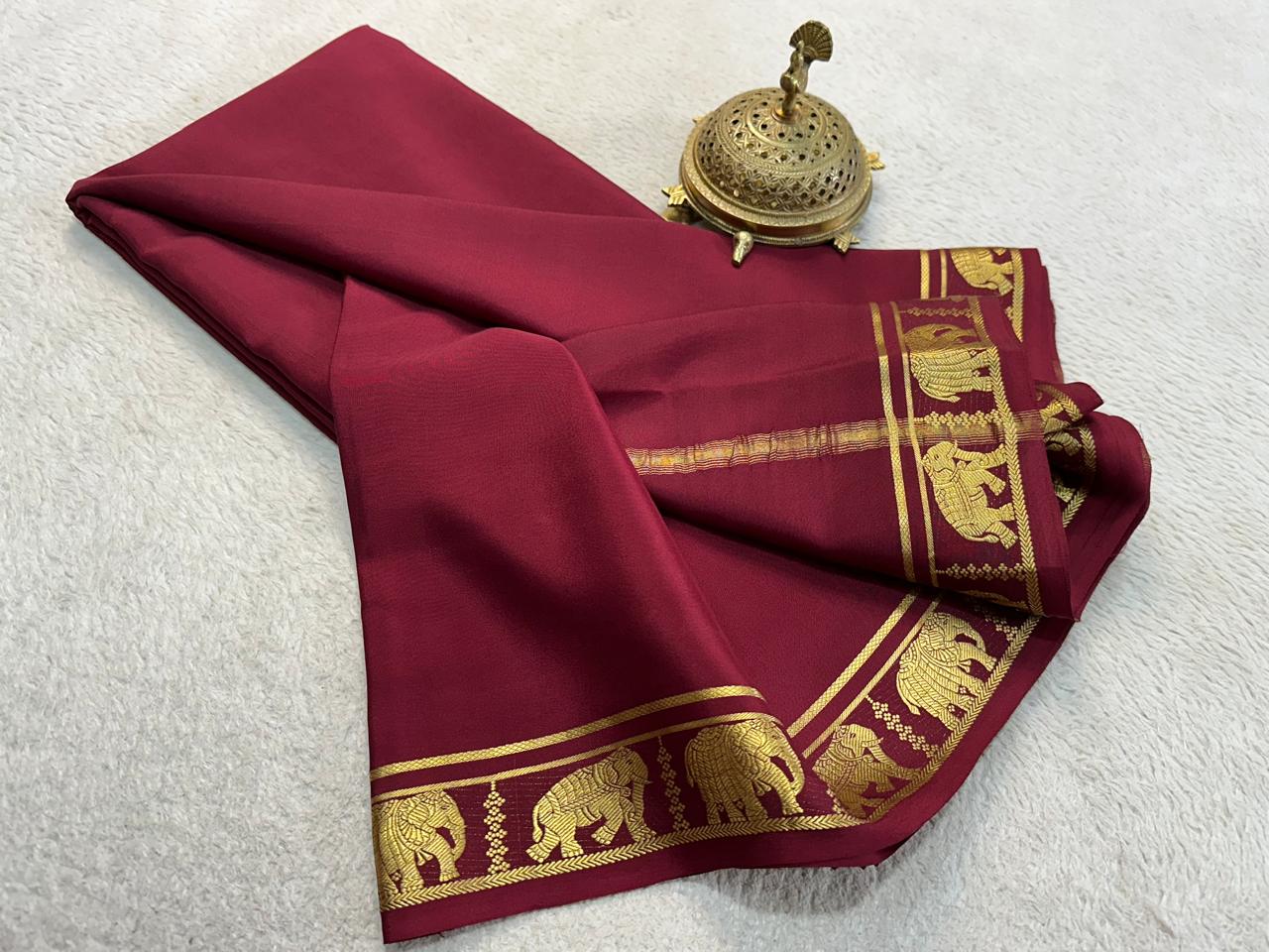 Chocolate Brown Mysore SilkSaree With Elephant Zari Border