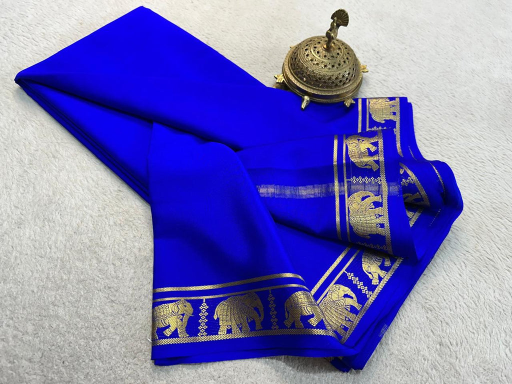 Blue Colour Mysore Silk Saree With Elephant Zari Border