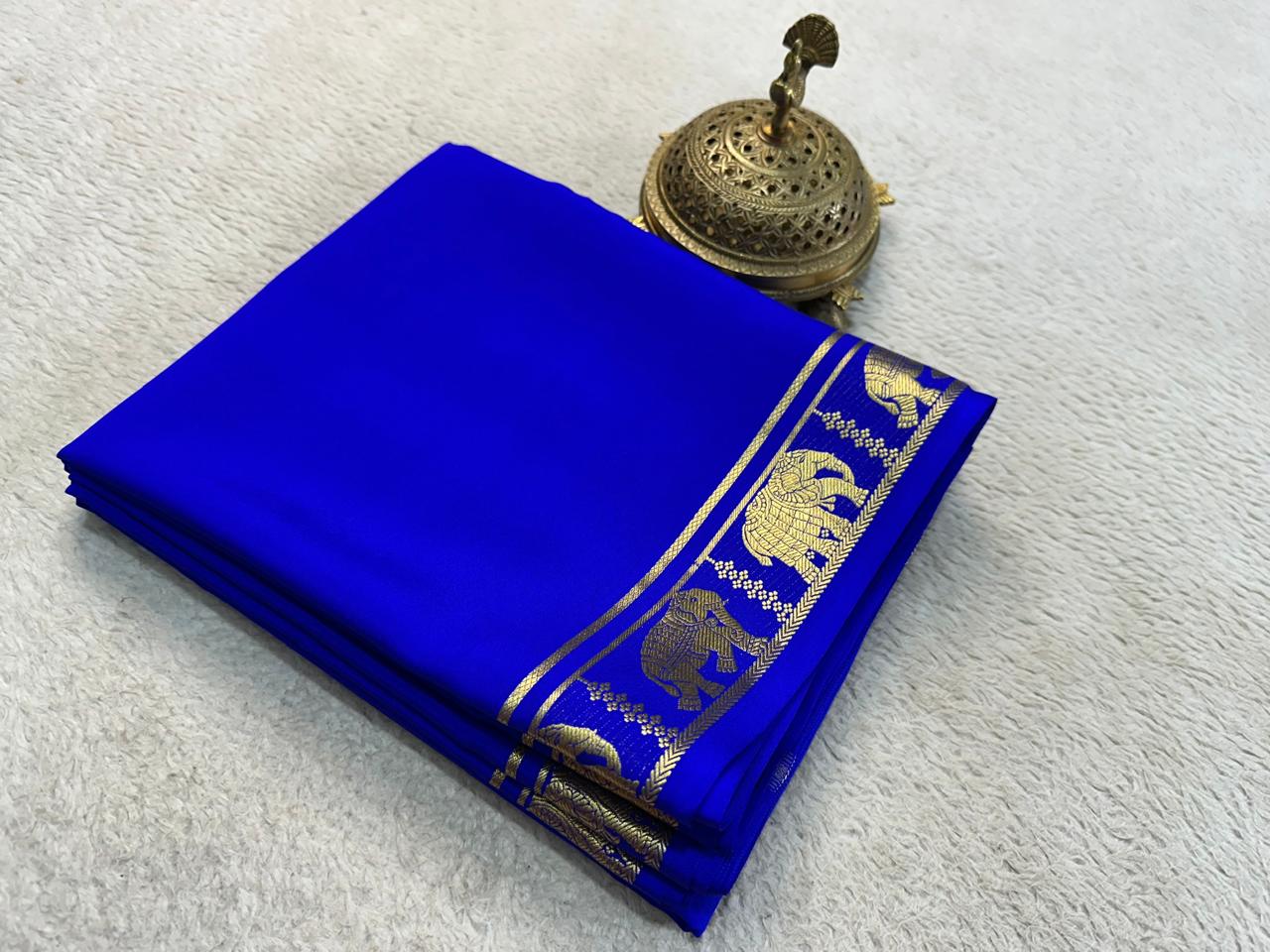 Blue Colour Mysore Silk Saree With Elephant Zari Border